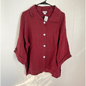 TooFan Womens 100% Linen Top Size M Button Down Red Boxy Lagenlook Relaxed Fit